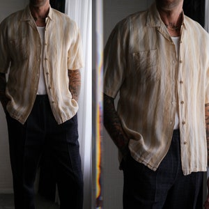 DUNHILL LONDON Natural Linen Stripe Loop Collar Button Up Shirt | Made in Portugal | 100% Linen | 1950s Style Designer Tailored Mens Shirt