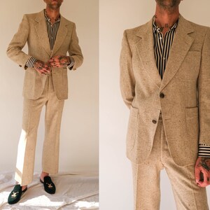 Vintage 70s PIERRE CARDIN Tan Herringbone Flecked Tweed Suit