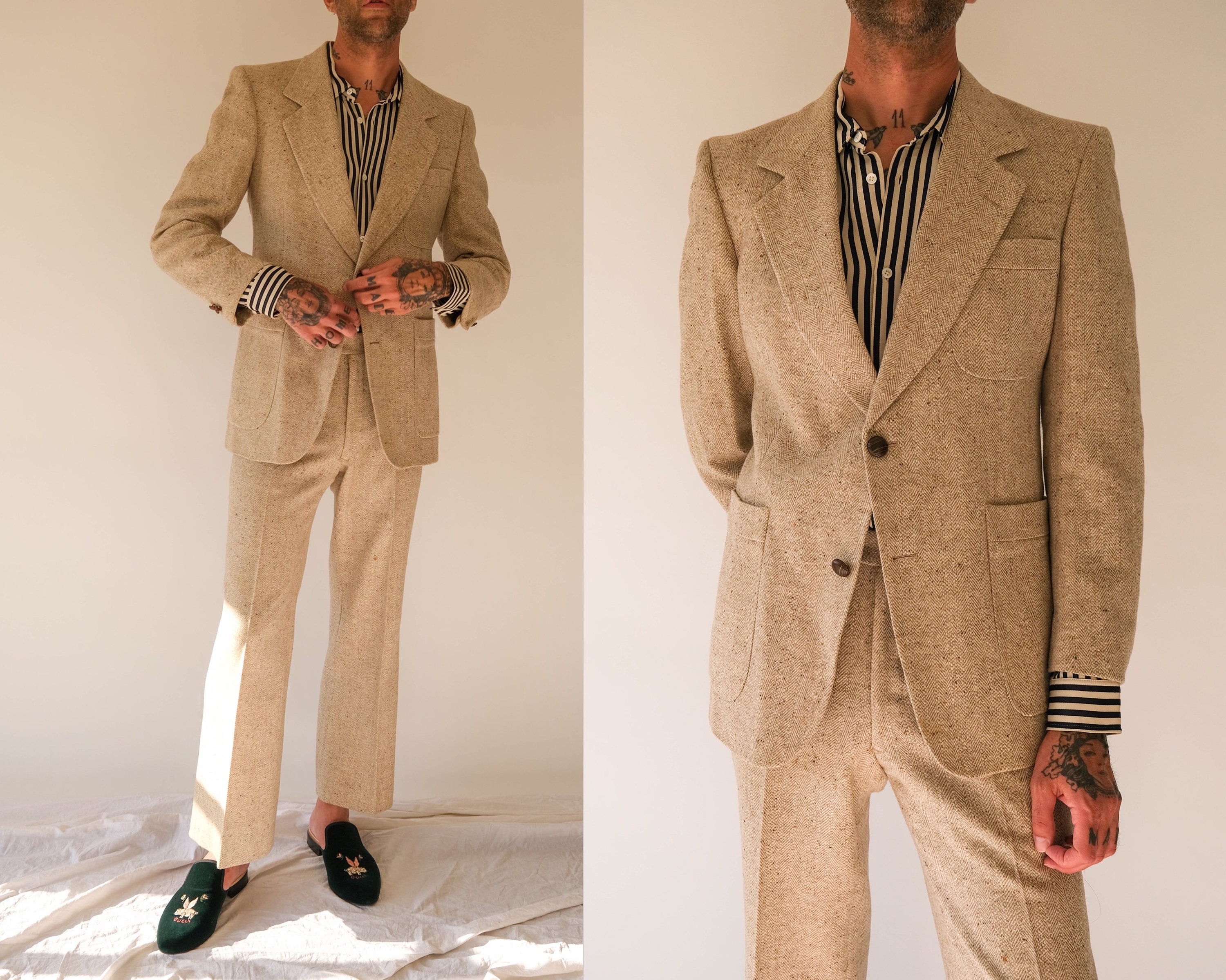 Vintage 70s PIERRE CARDIN Tan Herringbone Flecked Tweed Suit