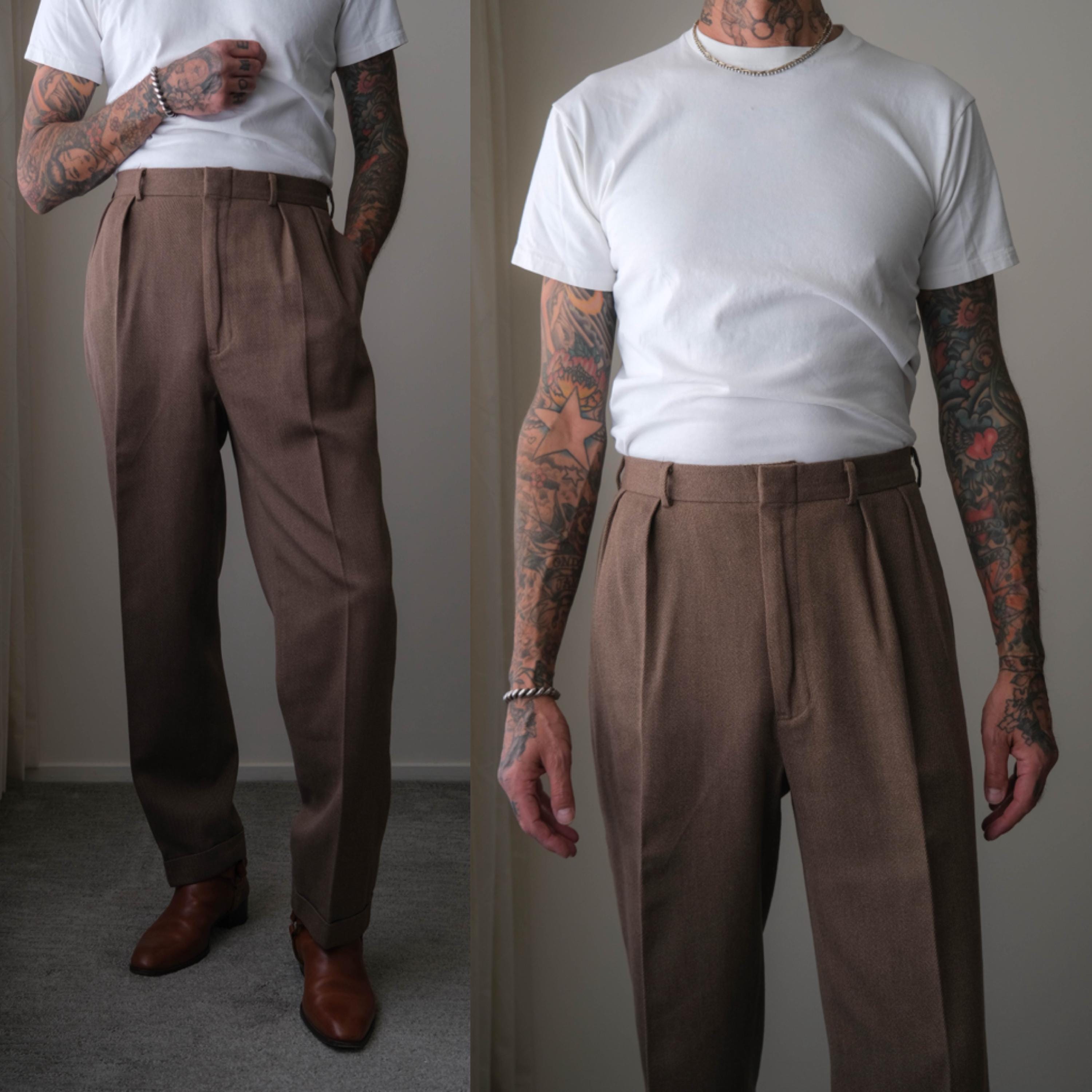 Vintage 90s POLO Ralph Lauren Mocha Brown Cotton Gabardine Pleated Cuffed Slacks Size 34x32 1990s POLO Designer Tailored Mens Pants