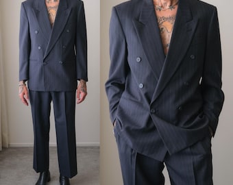 Vintage 90s PERRY ELLIS Midnight Striped Double Breasted Triple Pleated Suit | Made in USA | 100% Wool | 1990s Designer Tailored Mens Suit