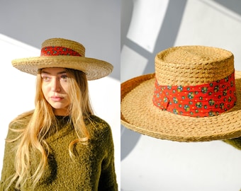 Vintage 60s Elegante De Lujo Natural Straw Wide Brim Pork Pie Hat w/ Cotton Floral Headband | Unisex, Bohemian | 1960s Designer Sun Fedora