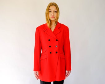 Vintage 90s DKNY Red Wool Gabardine  Double Breasted Asymmetrical Long Blazer w/ Large Black Buttons | 100% Wool | 1990s Designer Jacket