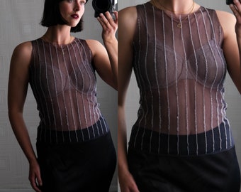 Vintage 90er Jahre Black Diamond Mesh Ärmellose Bluse mit kristallklaren & silberfarbenen Streifen | 1990s Y2K Disco Glam Party schickes transparentes Tank Top