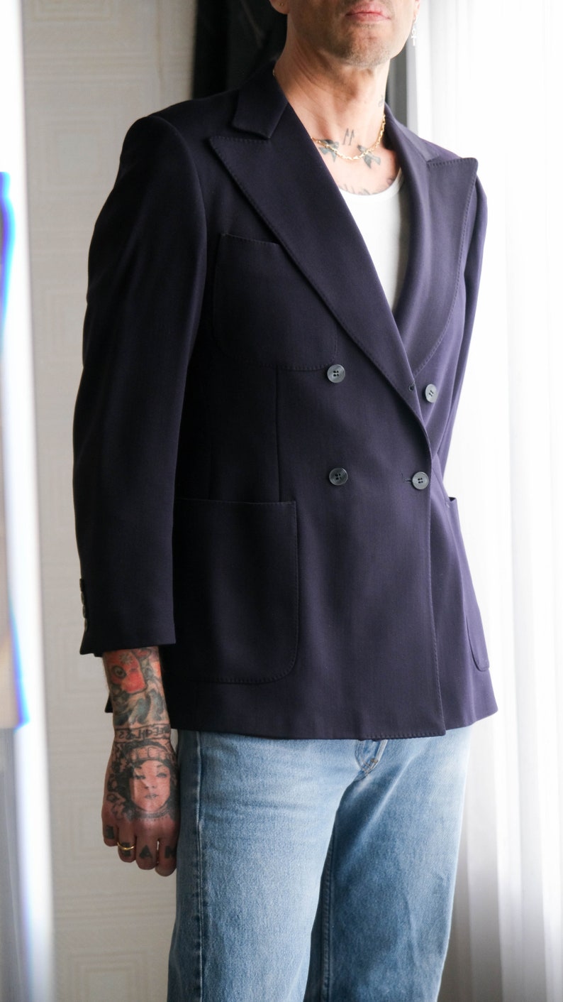 Vintage 70s LANVIN PARIS Navy Blue Heavy Wool Gabardine Wide Lapel Double Breasted Blazer Tailored in USA 1970s French Designer Jacket image 4