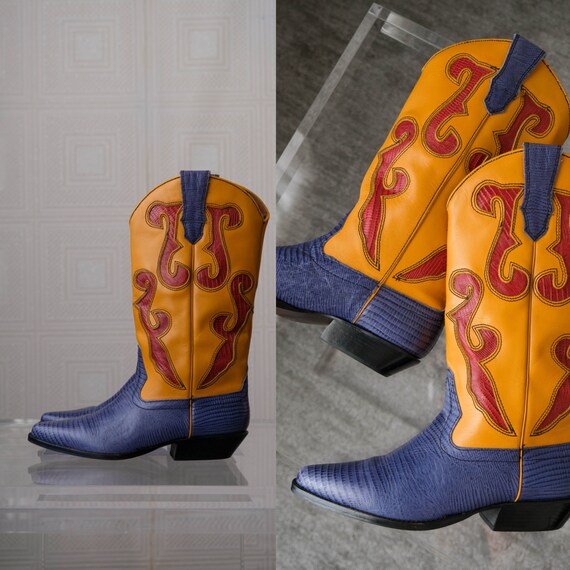 Vintage 90s NINE WEST Denim Blue Yellow Ochre Red Reptile Leather Cowgirl Boots Made in Brazil Size 7 7.5 1980s Designer Boots Etsy Canada