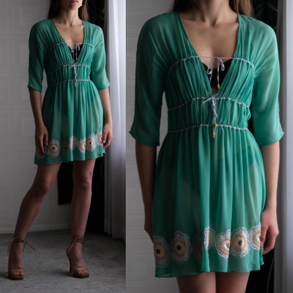 DEVELOPMENT Teal Silk Ruched Cinch Tunic Mini Dress w/ Beaded & Sequined Geometric Design | 100% Silk | 2000s Y2K Designer Silk Boho Coverup