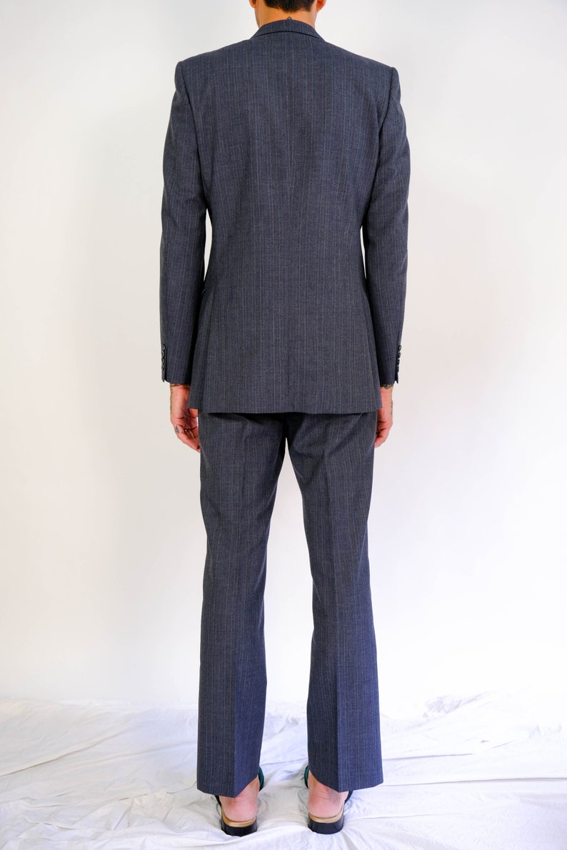 Vintage 80s Yves Saint Laurent Navy Blue Shadow Multi Stripe Wool Gabardine Suit Made in France 1970s 1980s YSL Designer Tailored Suit image 8