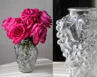Vintage Glass Bulbous Berry & Grape Leaf Vase | Bohemian, Home Decor, Centerpiece, Wedding | Vintage Boho Glass Country Kitchen Flower Vase