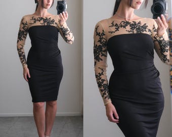 DAVID MEISTER Black Ruched Bodycon Long Sleeve Dress w/ Nude Mesh Romantic Floral Lace Sleeves | | 2000s Designer Evening Dress