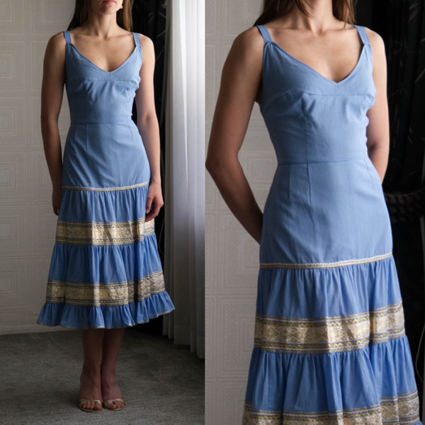 TRACY FEITH Cornflower Blue & Metallic Gold Trim Cotton Gauze Bohemian Dress Unworn w/ Tags | Made in USA | 100% Cotton | Y2K Designer Dress