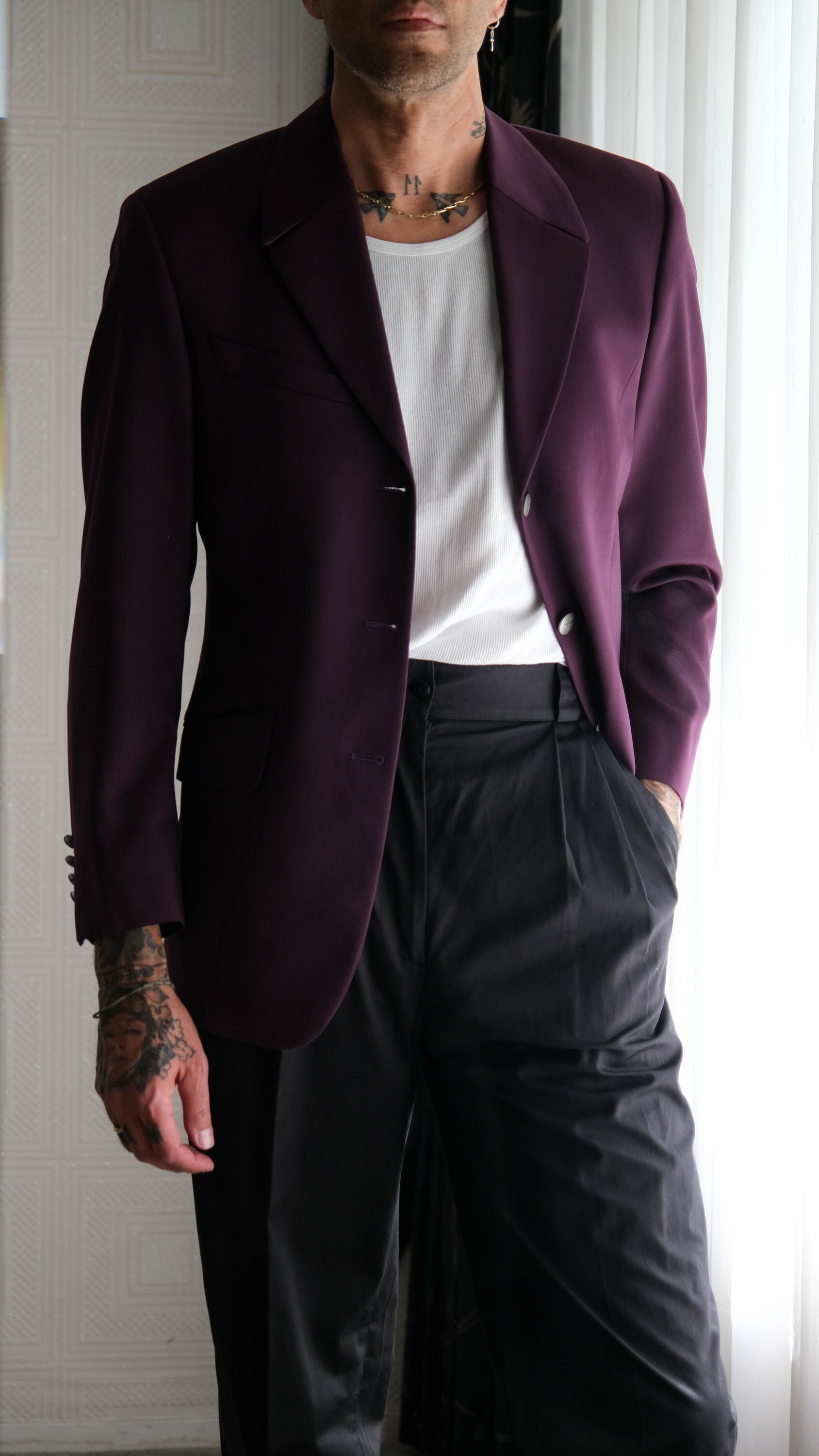 Vintage 90s THIERRY MUGLER Plum Gabardine Blazer W/ Metal Logo