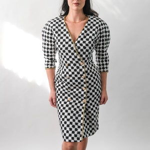 Vintage 80s LILLIE RUBIN Black & White Houndstooth Double Breasted Power Dress w/ Rhinestone Studs Made in USA 1980s Designer Chic Dress image 3