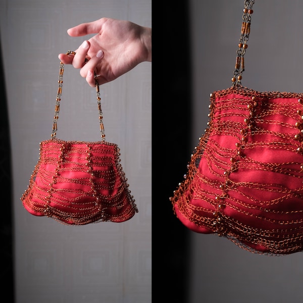 Vintage Y2K Crochet Metal Cocktail Evening Top Handle Purse w/ Silk Lined Interior | Lisa Toland | Knit Crochet Bohemian Hand Made Bag