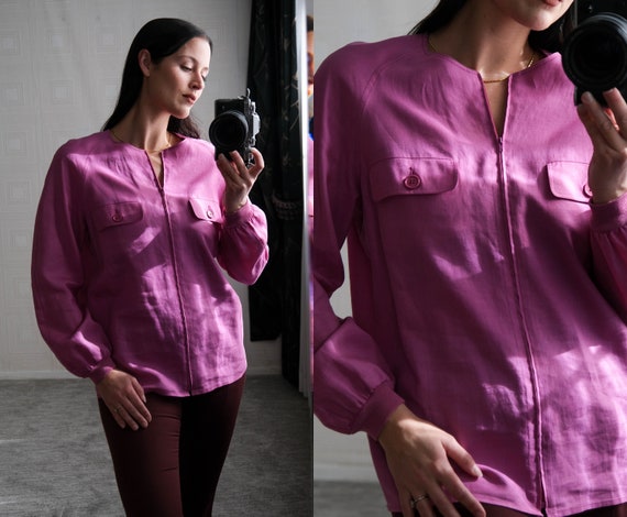 Valentino, Vintage 80s Valentino Rouge Pink Linen Zip Up Blouse w/ Convertible Button Pockets | Made in Italy | 100% Linen | 1980s Designer Jacket Top