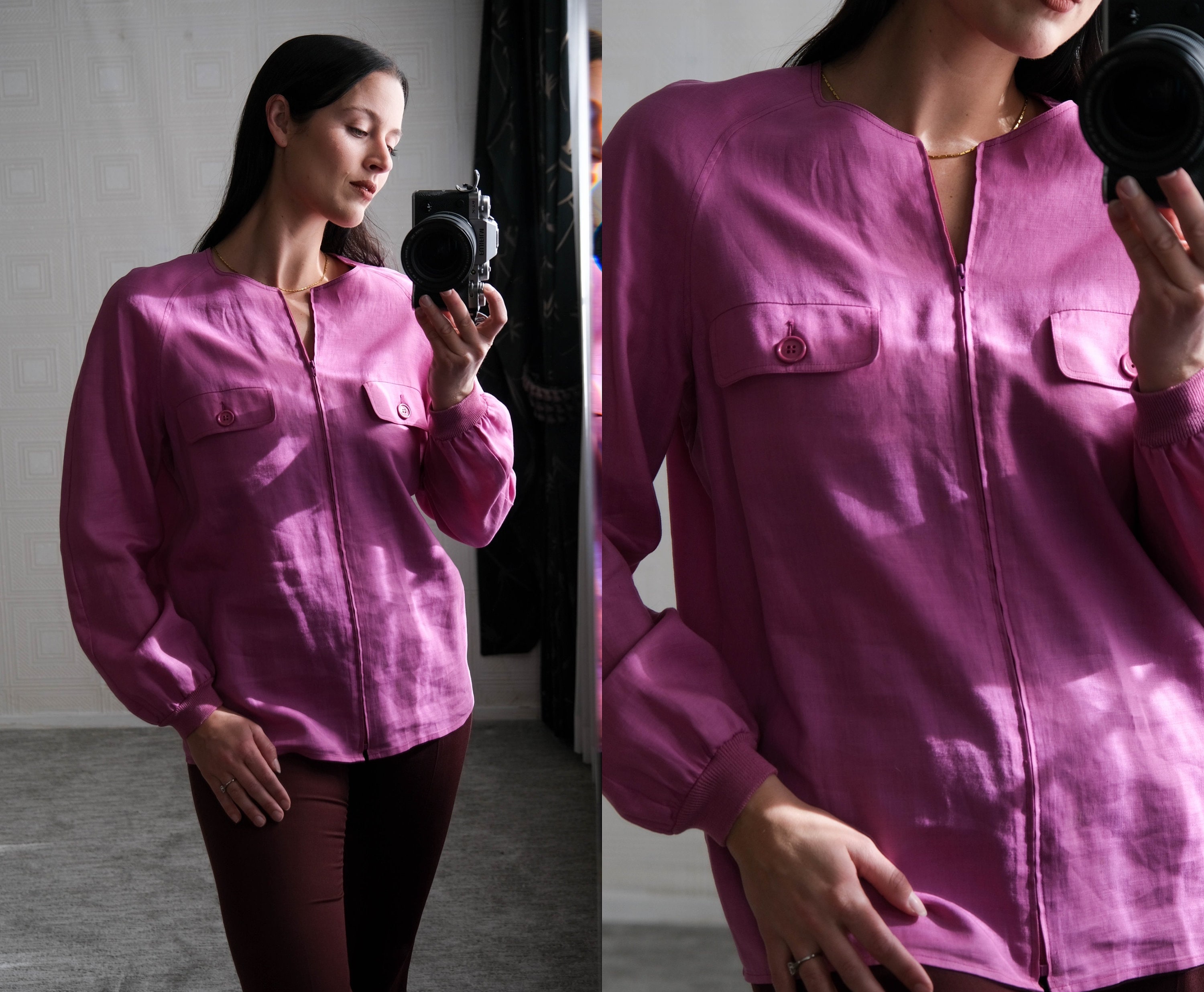 Valentino, Vintage 80s Valentino Rouge Pink Linen Zip Up Blouse w/ Convertible Button Pockets | Made in Italy | 100% Linen | 1980s Designer Jacket Top
