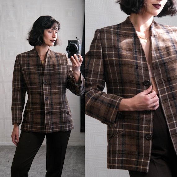 Krizia, Vintage 80s KRIZIA Brown Tartan Plaid Collarless Three Button Tweed Blazer | Made in Italy | 100% Wool | 1980s Italian Designer Womens Coat