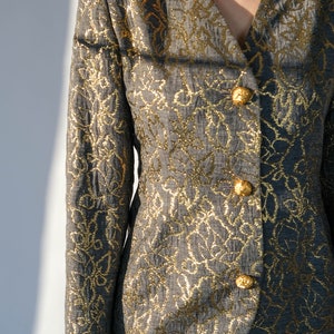 Vintage 80s Givenchy Gray & Metallic Gold Floral Brocade Broad Shoulder Blazer w/ Gold Wire Buttons Made in France 1980s Designer Jacket image 4