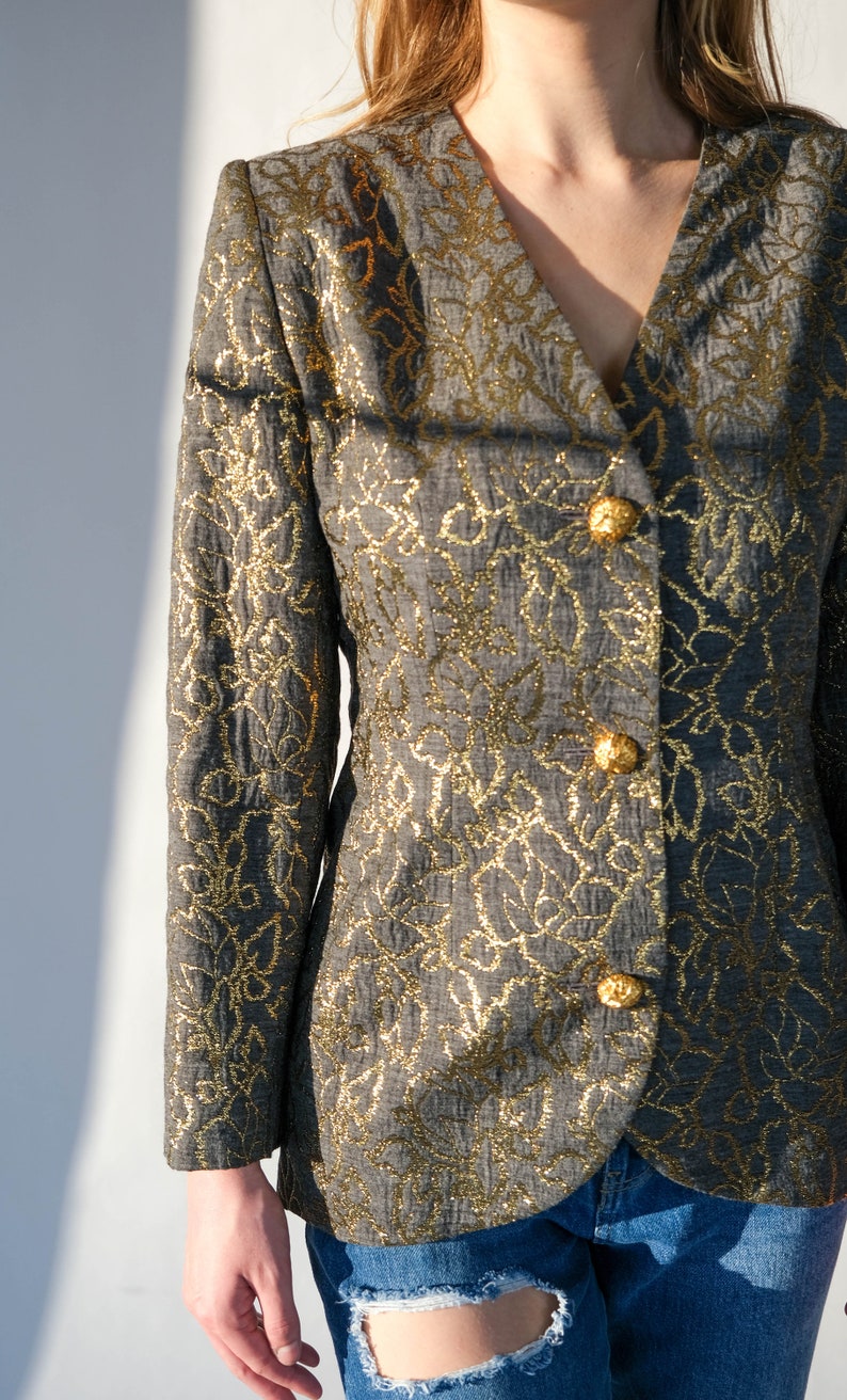 Vintage 80s Givenchy Gray & Metallic Gold Floral Brocade Broad Shoulder Blazer w/ Gold Wire Buttons Made in France 1980s Designer Jacket image 4