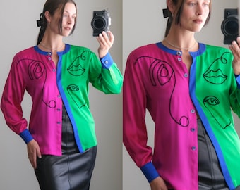 Vintage 90s ESCADA by Margaretha Ley Abstract Line Art Expressionist Portrait Liquid Silk Blouse | Made in Germany | 100% Silk | 1980s Top
