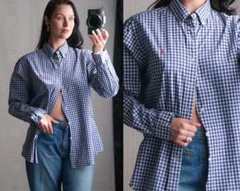 Vintage POLO Ralph Lauren Navy Gingham Custom Fit Oxford Shirt w/ Red Logo Embroidery | 100% Cotton | Size Large | 1990s POLO Designer Shirt