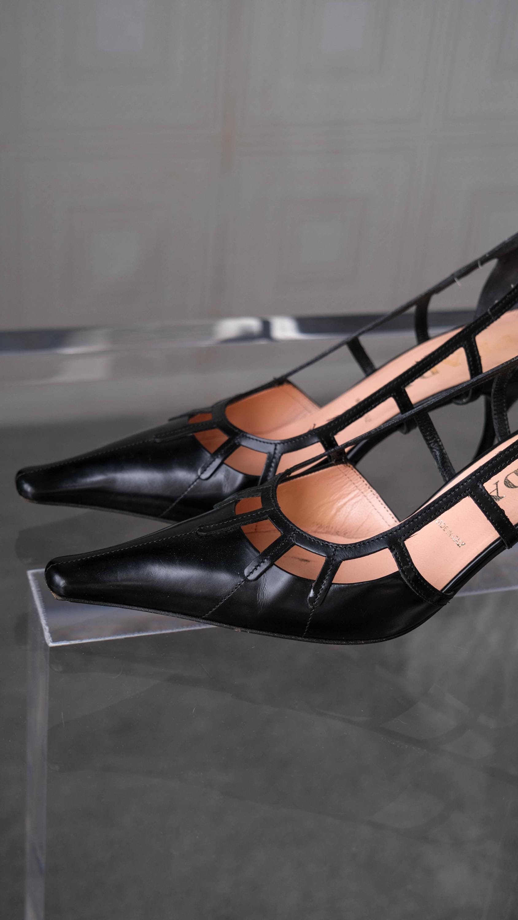PRADA Black Leather Windowpane Square Pointed Toe Heels | Made in