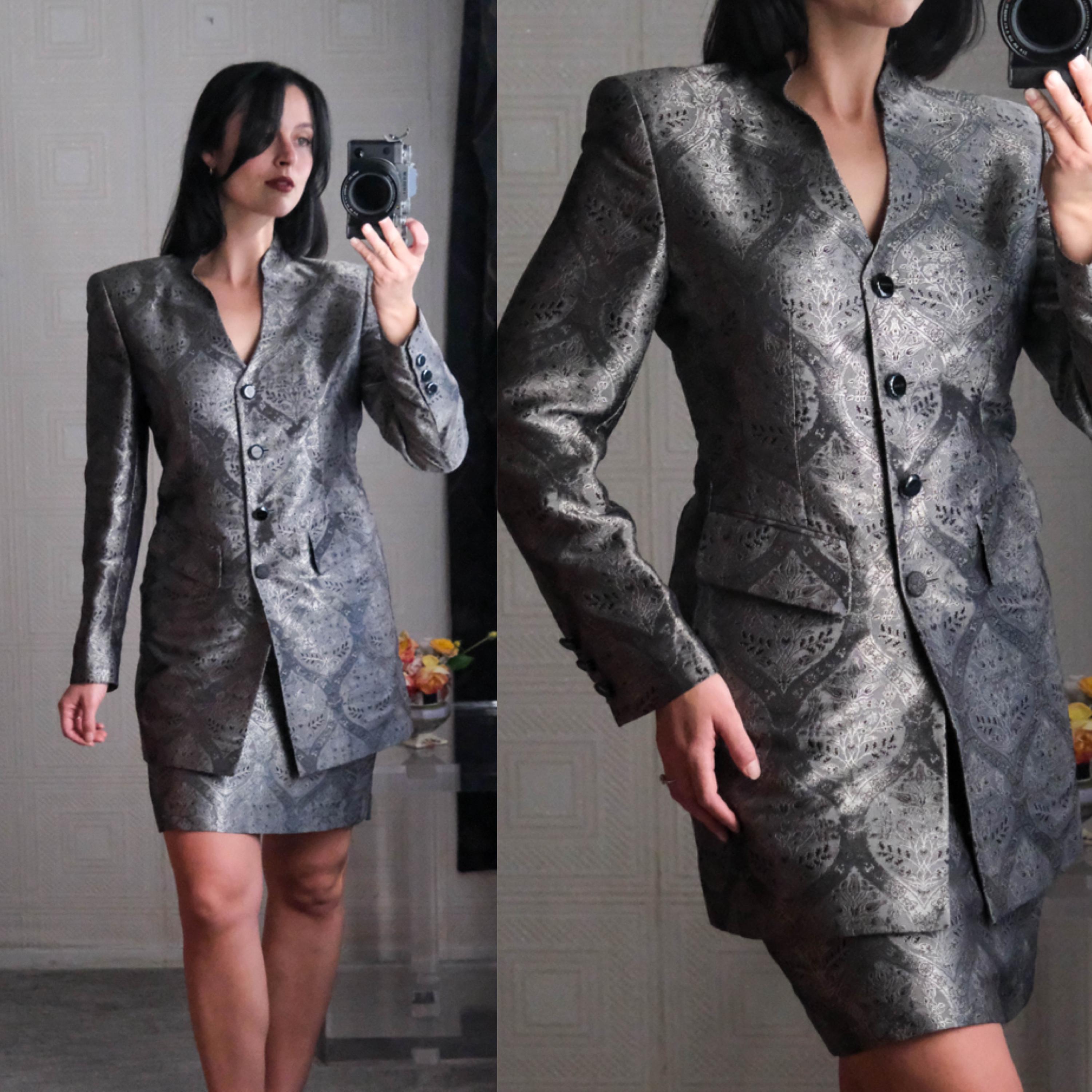 Vintage 90s ESCADA Black & Silver Silk Botanical Brocade Longline