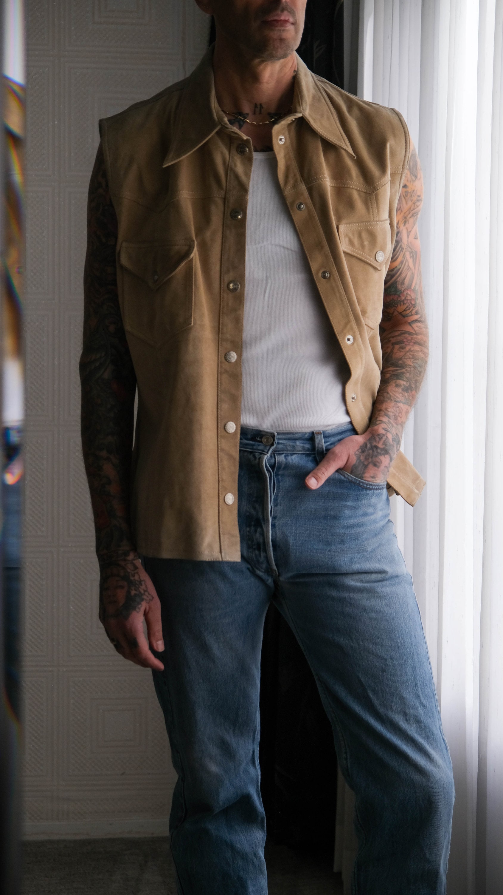 Vintage 90s Dolce and Gabbana Tan Western Suede Sleeveless Snap 