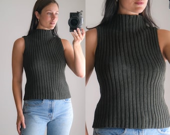 Vintage MAX MARA Smokey Sage Fisherman Ribbed Mock Neck Sweater Tank Top | Made in Italy | 100% Cotton | Y2K 2000s Italian Designer Blouse