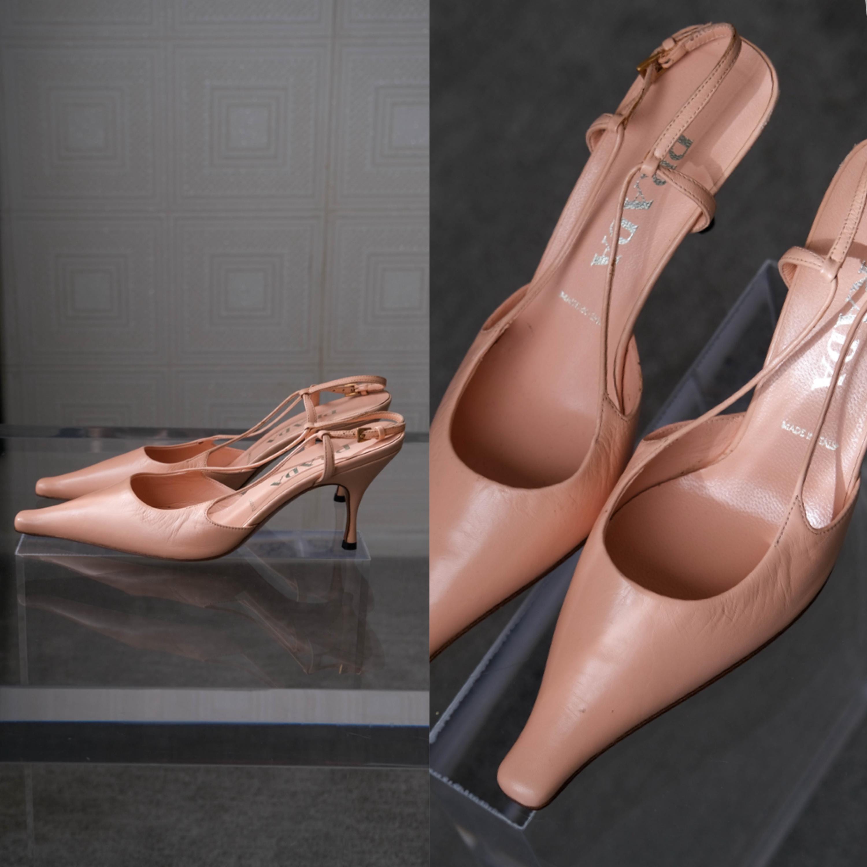 PRADA Light Pink Leather Square Pointed Toe Slingback Heels | Made