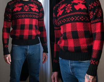 Vintage 80s POLO Ralph Lauren Moose Head Snowflake Plaid Wool Knit