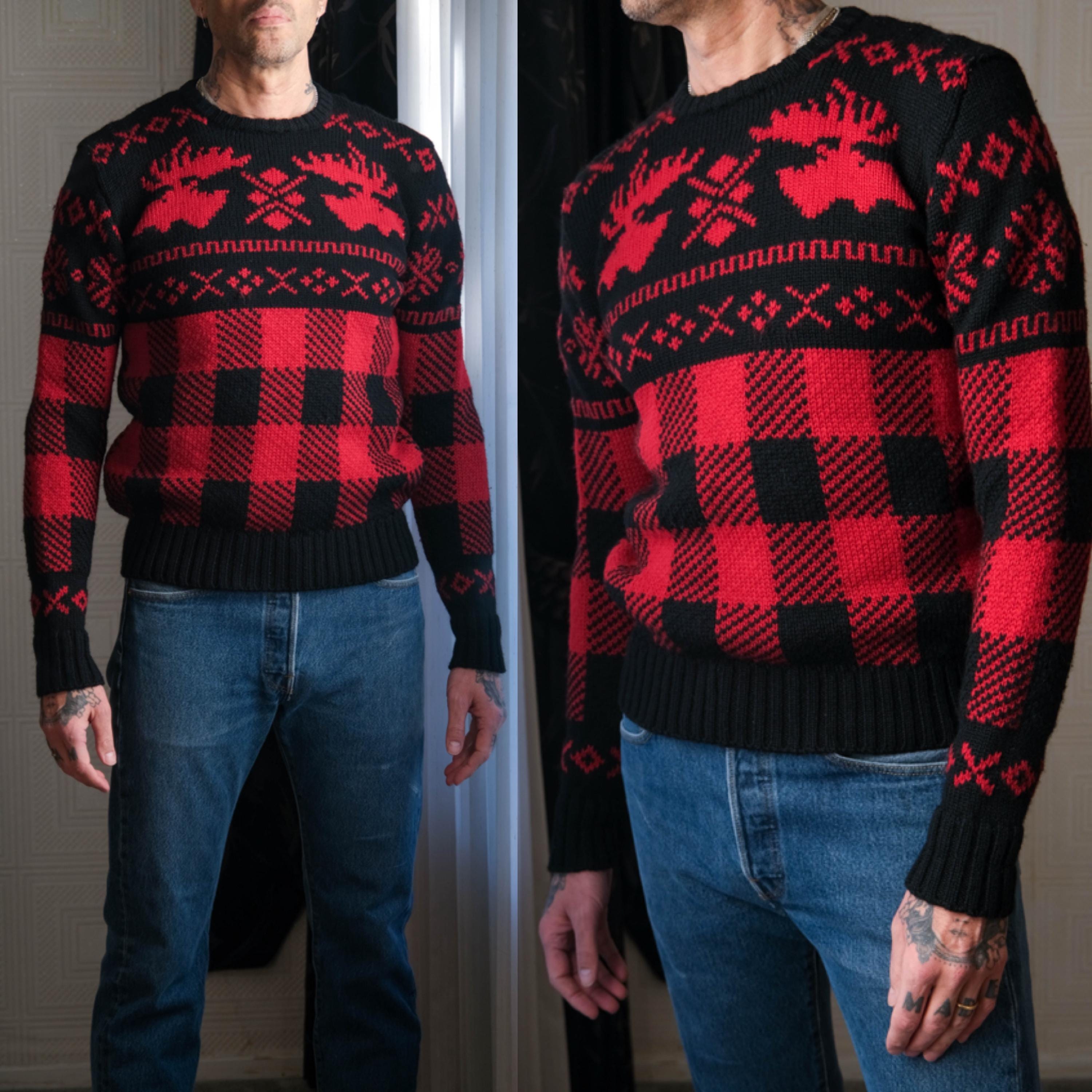 80s Ralph Lauren ニット カシミア100ヴィンテージ ポニー無し Vintage 80s POLO Ralph Lauren Moose Head Snowflake Plaid Wool Knit