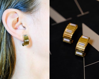 Vintage 80s Givenchy Gold Art Deco Crescent Hoop Studs w/ Emerald Cut Gems | Signed | 1980s French Designer Gold Costume Mini Hoop Earrings