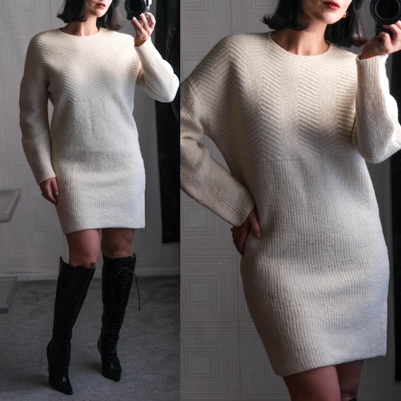 Stella McCartney, STELLA McCARTNEY Runway Documented Heavy Cream Chevron Waffle Knit Wool Dress | Made in Italy | 100% Wool | 2000s Y2K Designer Sweater Dress