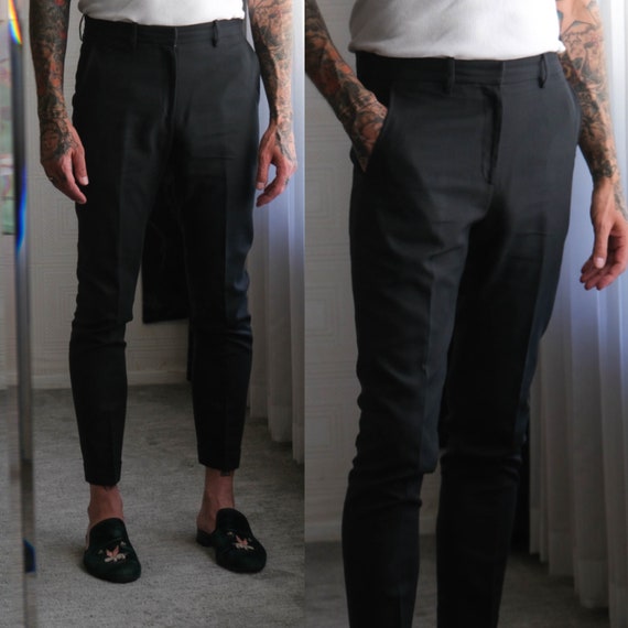 Bottega Veneta, BOTTEGA VENETA Black Cotton Blend Slim High Rise Cuff Leg Pants | Made in Italy | Size 34x31 | Italian Designer Mens Mod Styled Chino Pants