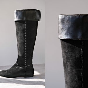 Vintage 80s Andrea Pfister for Neiman Marcus Black Suede w/ White Stitch Knee High Boots | Made in Italy | Size 8 | 1980s Designer Boots