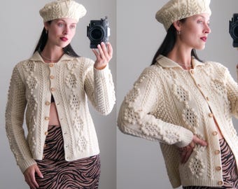 Vintage 50s Kennedy of Adara for B. Altman Co. Chunky Fisherman Cardigan & Beret Set | Made in Ireland | 100% Wool | 1950s Designer Sweater