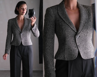 GIORGIO ARMANI Black & White Peppered Boucle Shawl Collar Bolero Blazer w/ Silk Lining | Made in Italy | Y2K 2000s ARMANI Designer Jacket