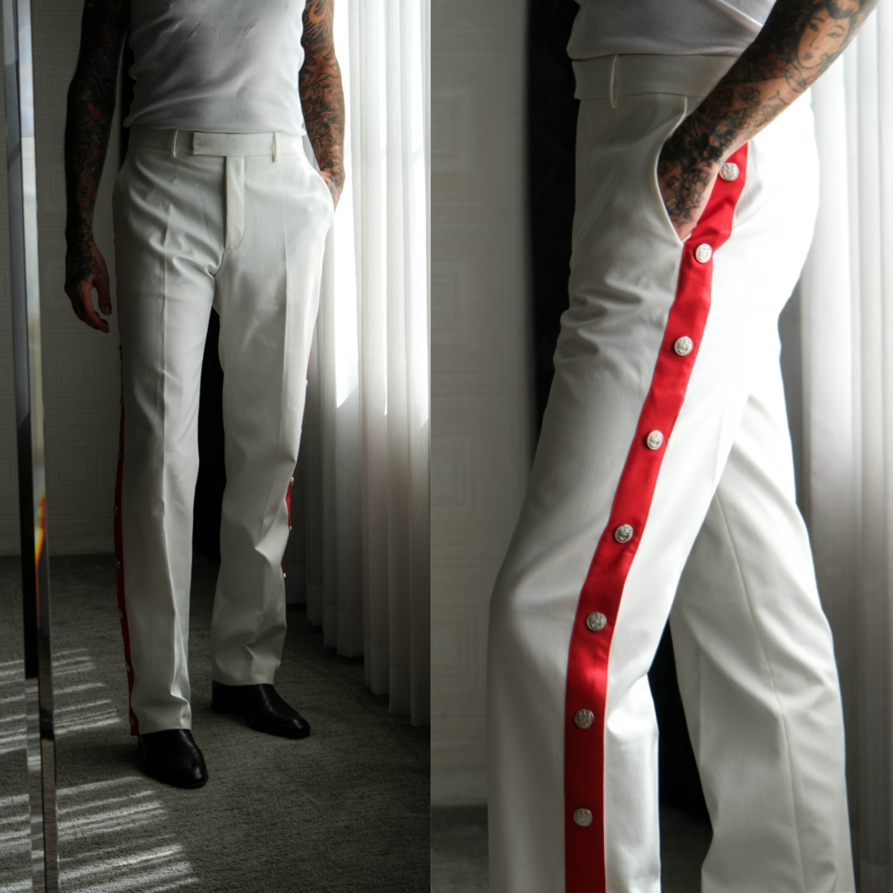 CALVIN KLEIN 205W39NYC White Gabardine & Red Military Stripe Snap Pants  Unworn NWT Made in Italy Raf Simons Designer Mens Dress Pants 