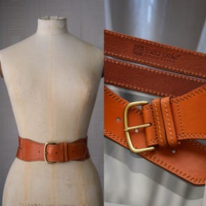 Vintage 90s LINEA PELLE Saddle Brown Leather Wide Split Adjustable Belt w/ Brass Buckle | 100% Genuine Leather | 1990s Designer Womens Belt