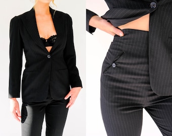 Vintage 90s Richard Tyler Black Pinstripe Single Button Peak Lapel Gabardine Pant Suit | Made in USA | 1990s Designer Silk Lined Power Suit