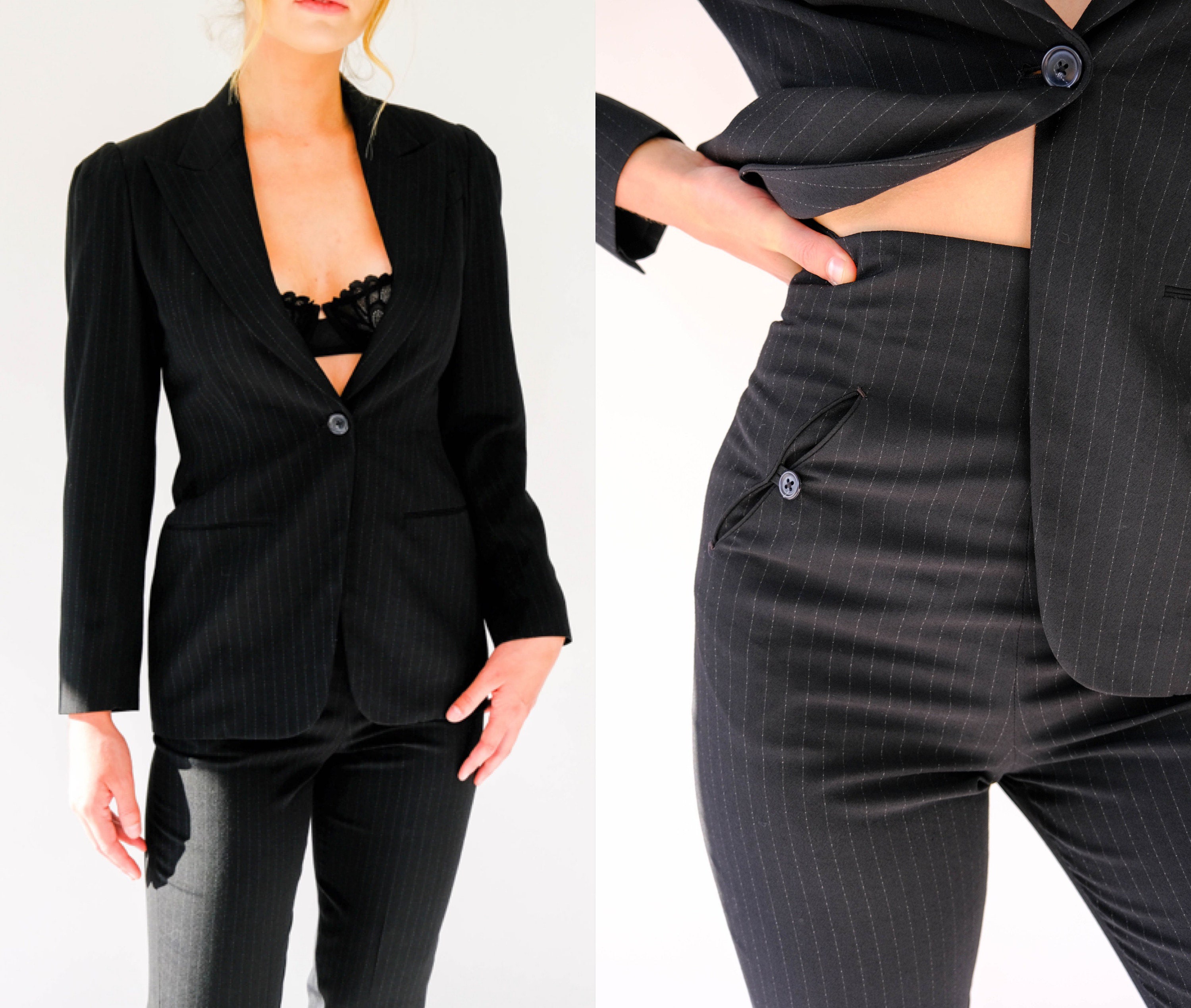 Vintage 90s Richard Tyler Black Pinstripe Single Button Peak Lapel