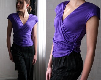 Vintage 80s UNGARO PARALLELE PARIS Purple Cropped Broad Shoulder Wrap Jersey Knit Blouse | Made in Italy | 1980s French Designer Wrap Top