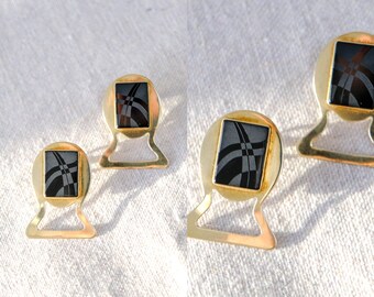 Vintage 80s Joyce Quintana Sterling Silver & Checkered Onyx Stone Earrings | Sterling Silver .925 | 1980s Designer Avant Garde Boho Jewelry