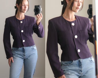 Vintage 80s LAURÈL Plum Cropped Boxy Style Blazer w/ Oversized Mother of Pearl Buttons | Made in Hungary | Wool Rayon Blend | 1980s Blazer