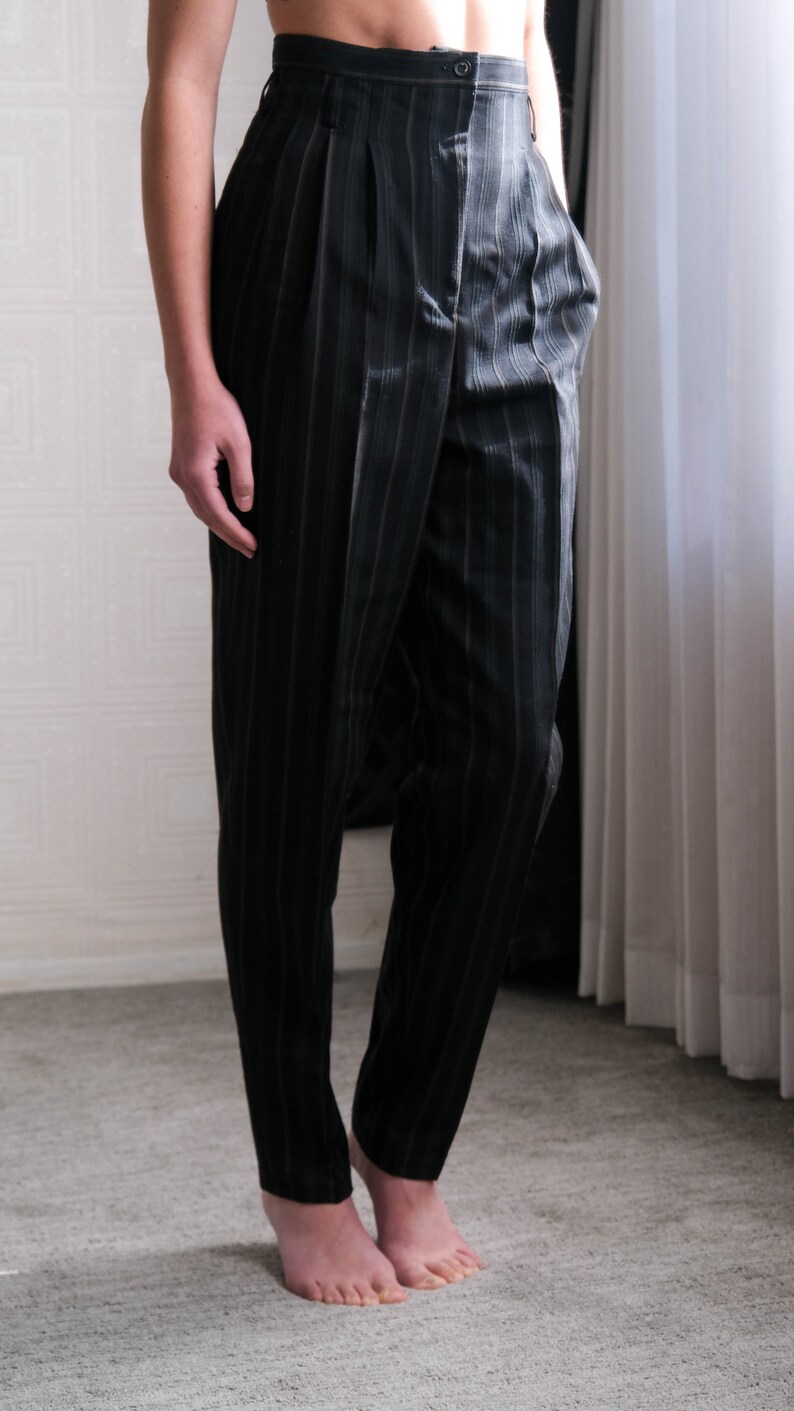 Vintage 80s MATSUDA Black & Dark Green Textured Stripe Gabardine High Waisted Tapered Pants Made in Japan 1980s Japanese Designer Pants image 2