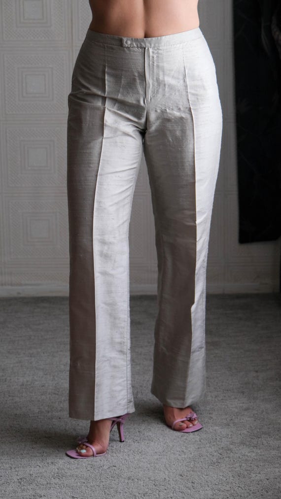 Vintage 90s GIORGIO ARMANI Collezioni Raw Silk Silver Mid Rise