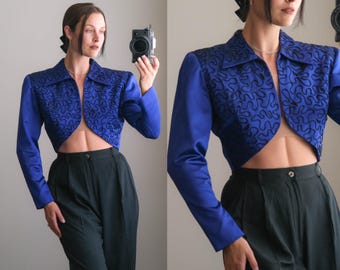Vintage 1987 NORMA KAMALI Iconic & Rare Matador Style Cropped Royal Blue and Black Embroidered Bolero Jacket | 100% Silk | 1980s Designer