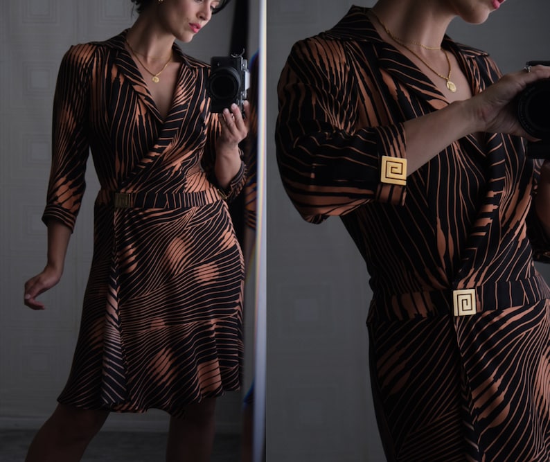 Vintage 90s Gianni Versace Couture Orange & Black Silk Wrap Dress w/ Gold Metal Greek Key Made in Italy 100% Silk 1990s Designer Dress image 1