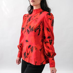 Vintage 70s Irene Thai Silk Ruby Red Floral Print Blouse w/ Pleated Poof Sleeves Made in Thailand 100% Silk 1970s Designer Asian Top image 4